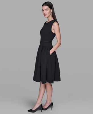 Women's Floral Crew Neck Belted Midi Dress