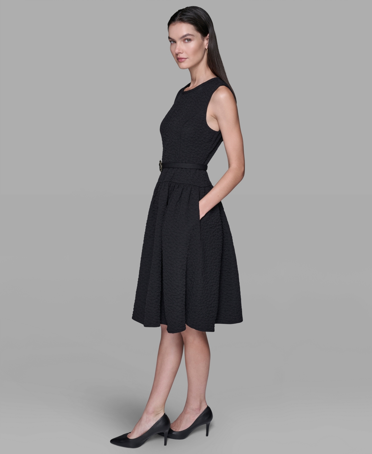 Karl Lagerfeld Women's Floral Crewneck Belted Midi Dress In Black