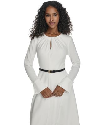 Women's Belted Bell Sleeve Crew Neck Dress