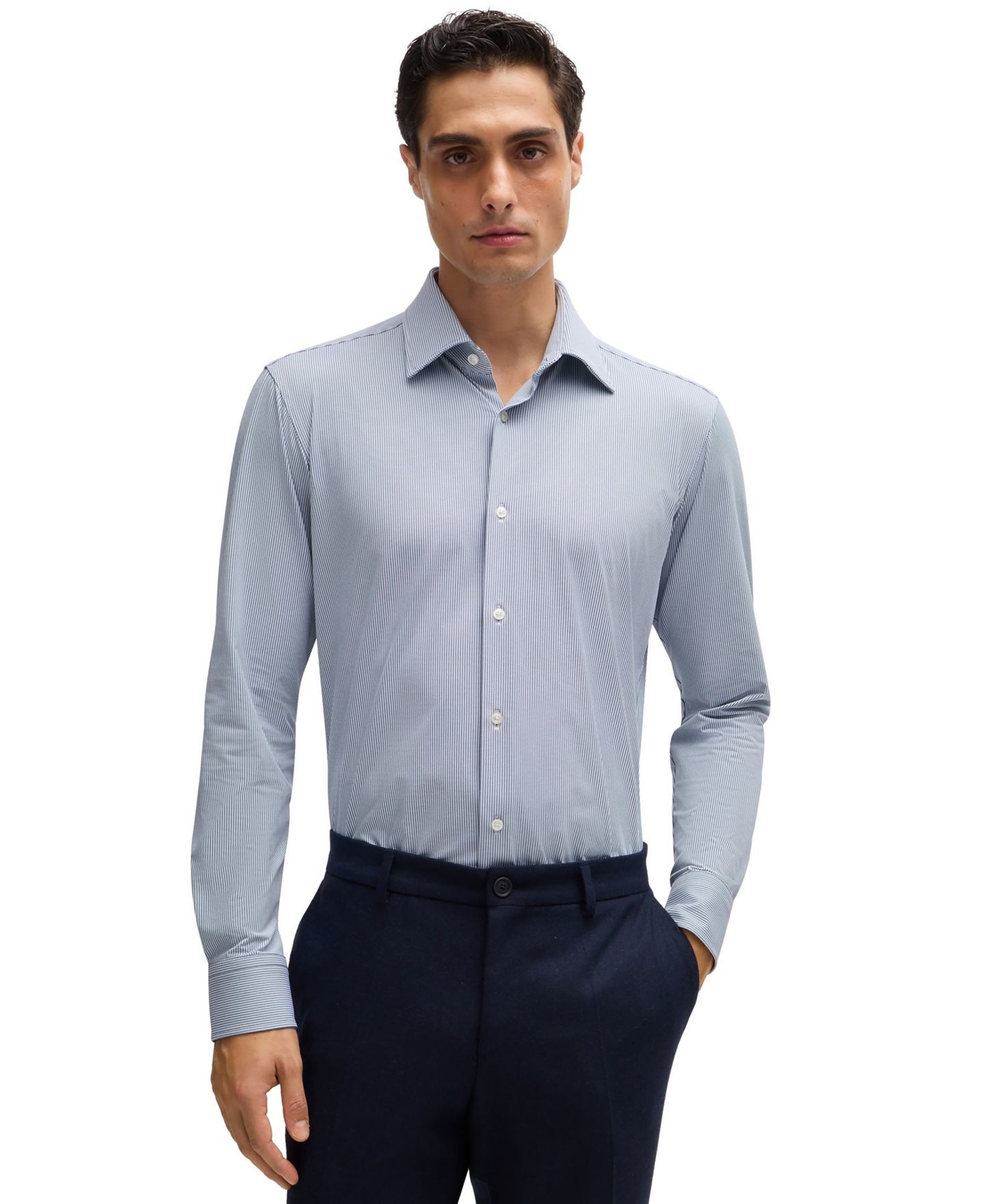 Мужская рубашка Hugo Boss Structured Performance-Stretch Fabric Regular-Fit Dress Shirt, цвет: Тёмный синий — фото 1