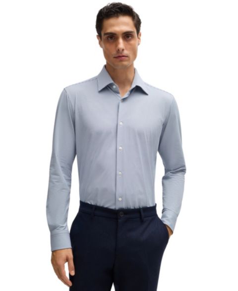 Мужская рубашка Hugo Boss Structured Performance-Stretch Fabric Regular-Fit Dress Shirt, цвет: Тёмный синий