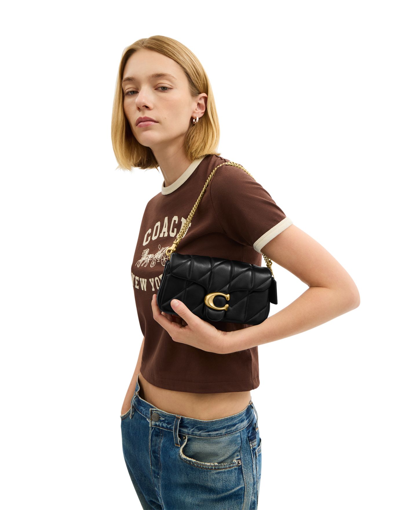 Женская сумка COACH Tabby Mini Quilted Leather Chain Crossbody 19, цвет: Латунный / Чёрный — фото 8