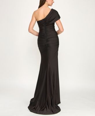 Juniors' One-Shoulder Draped Floor-Sweeping Gown