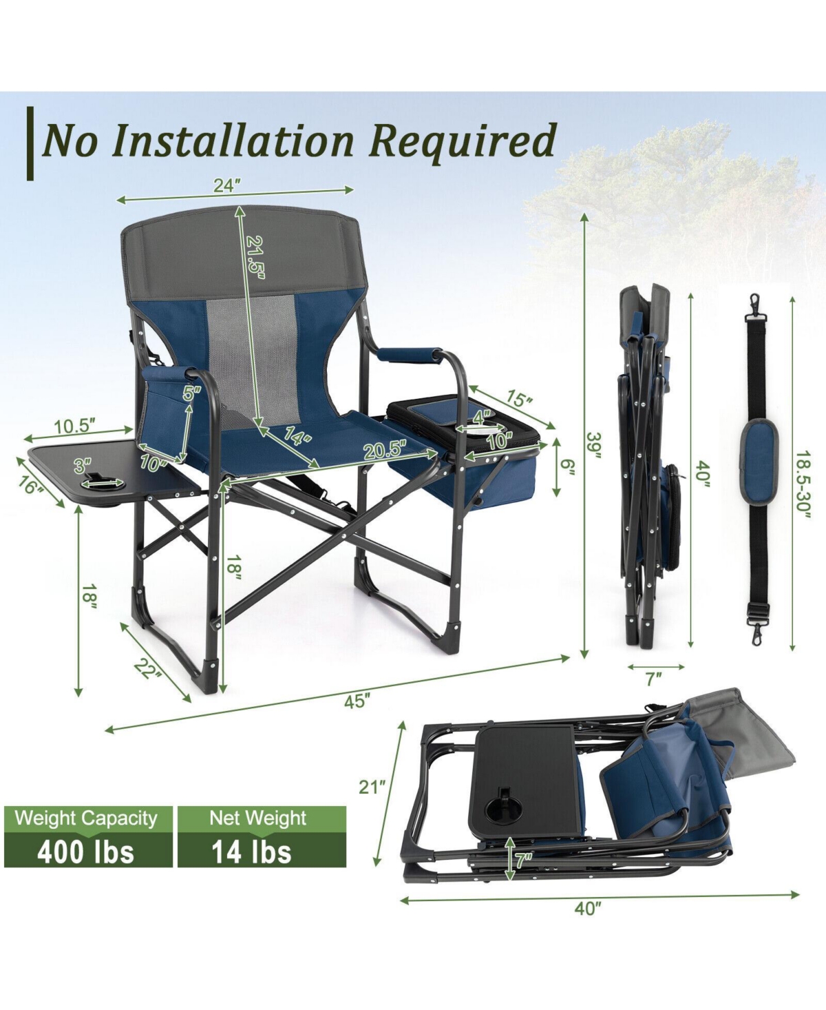 Skonyon Folding Camping Directors Chair with Cooler Bag and Side Table