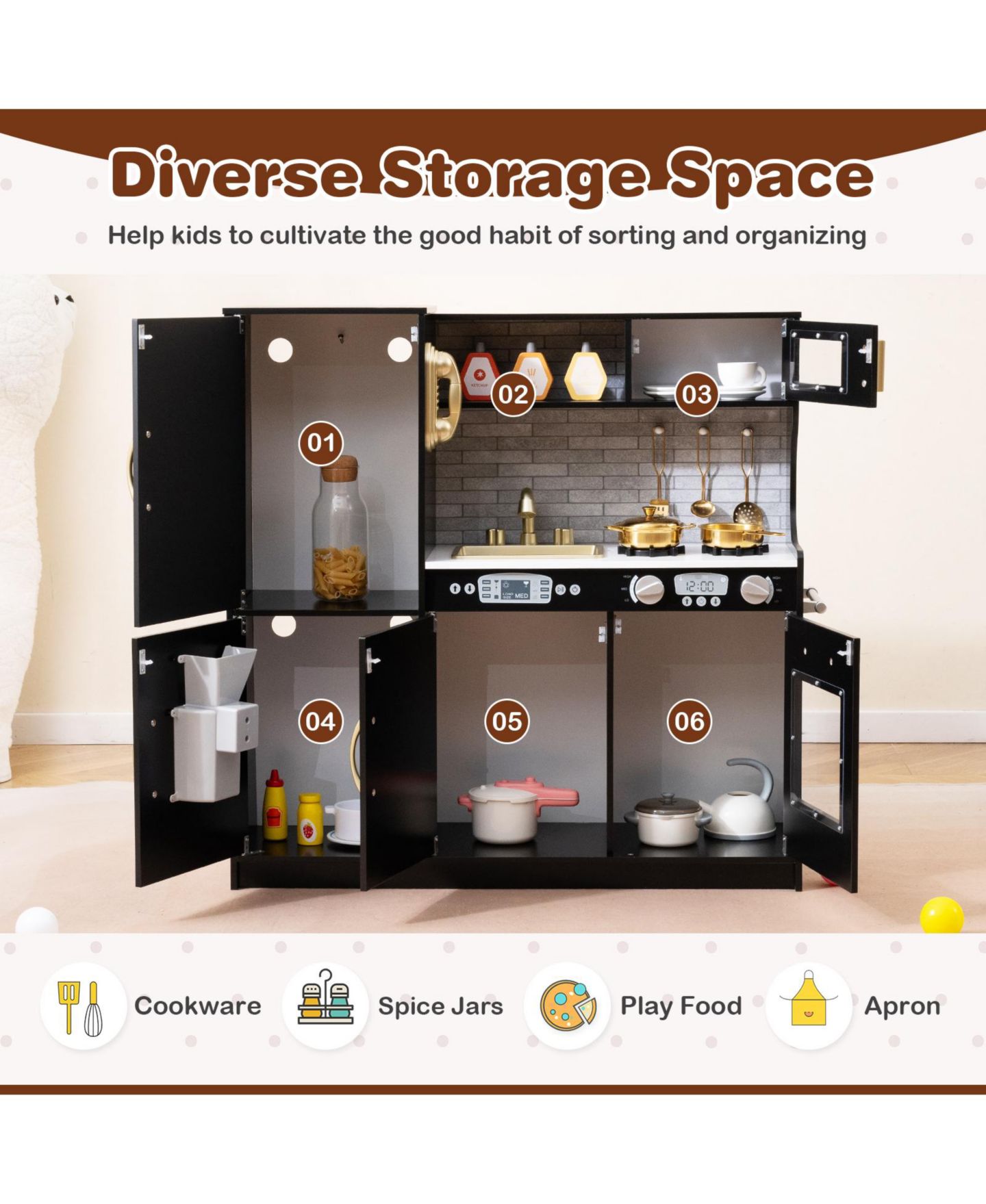 Детская игрушка SKONYON Wooden Blackboard Play Kitchen, Ages 3+, цвет: Чёрный — фото 9