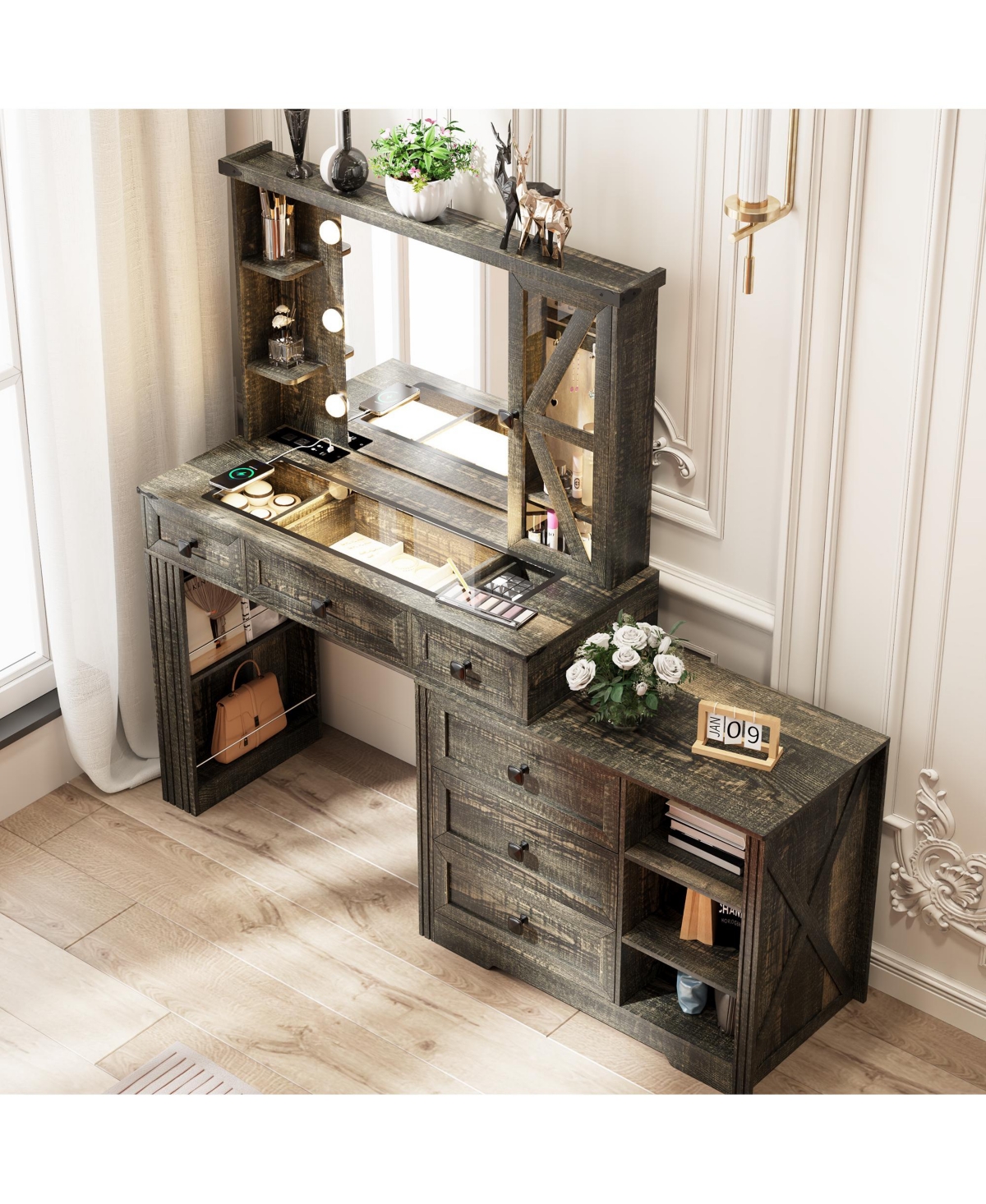 Vlsrka Vanity Makeup Desk with Mirror and Lights