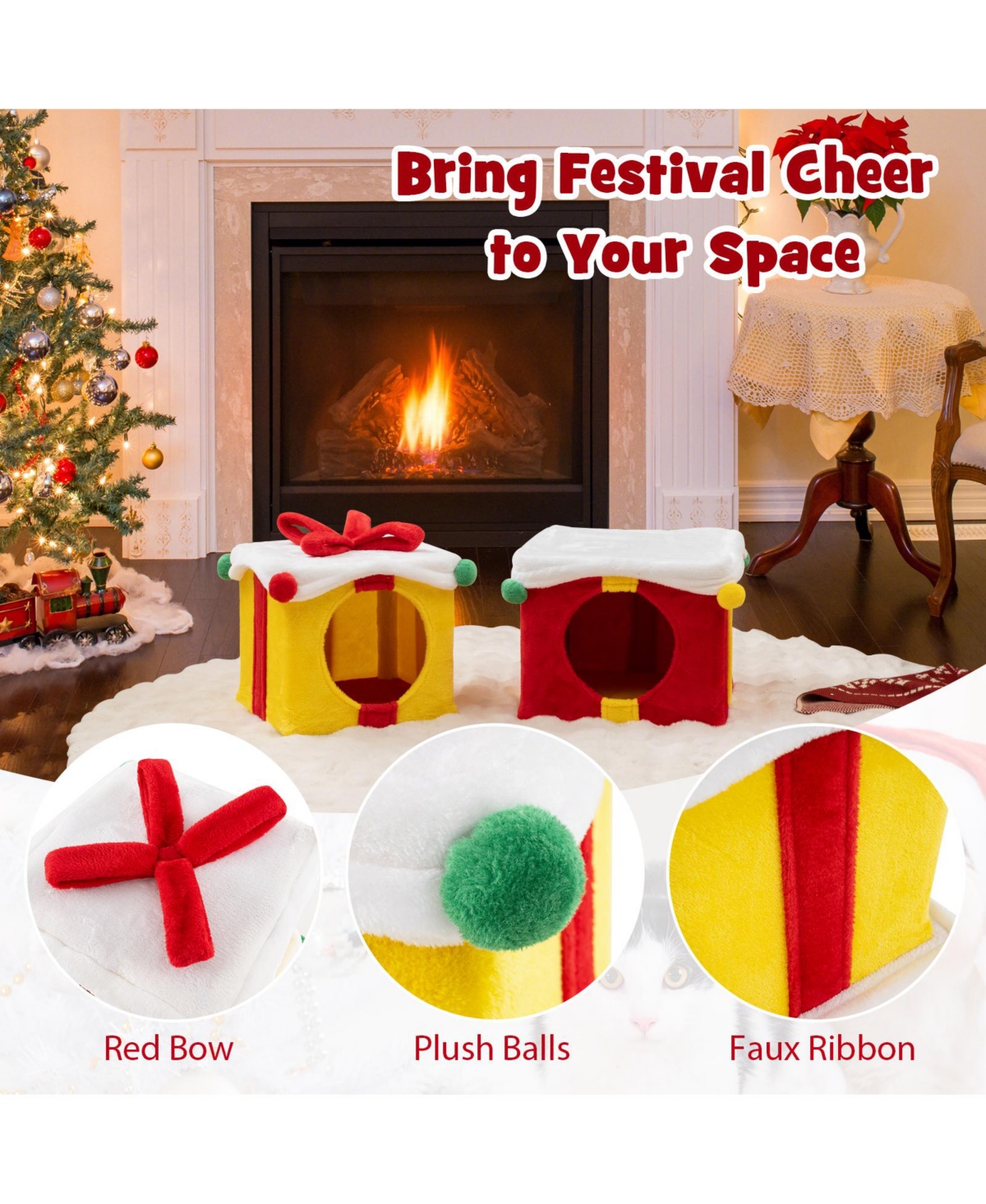 Skonyon 2 Gift Box Shaped Cute Christmas Cat House with Bow