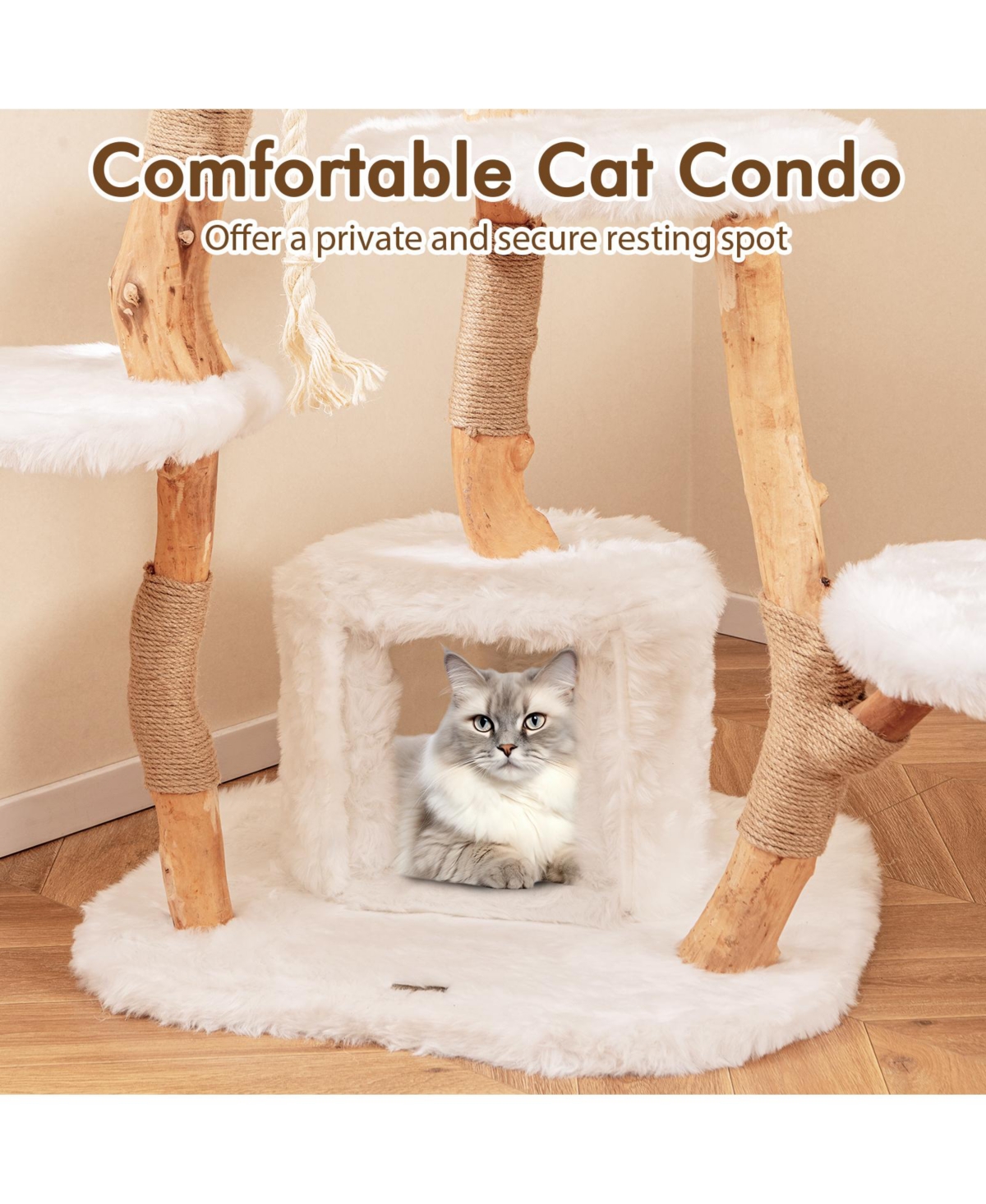 Skonyon 66 Inch Tall Solid Wood Cat Tree Modern Wooden Cat Tower with Perch