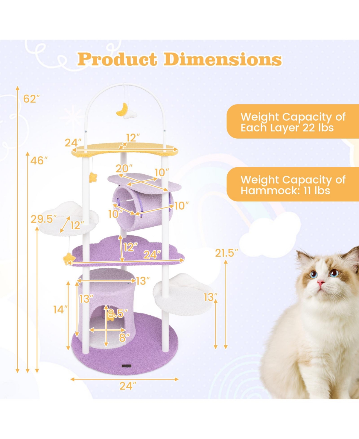 Skonyon 62 Inches Large Cat Tower with Metal Frame and Jumping Platforms