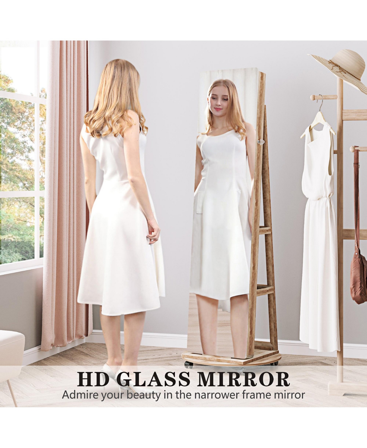 Vlsrka A 360° swivel standing jewelry mirror cabinet with storage shelves, full-length mirror, and Led lights.