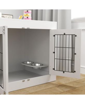 Dog Crate Furniture with 360° Rotatable Removable Dog Bowls,