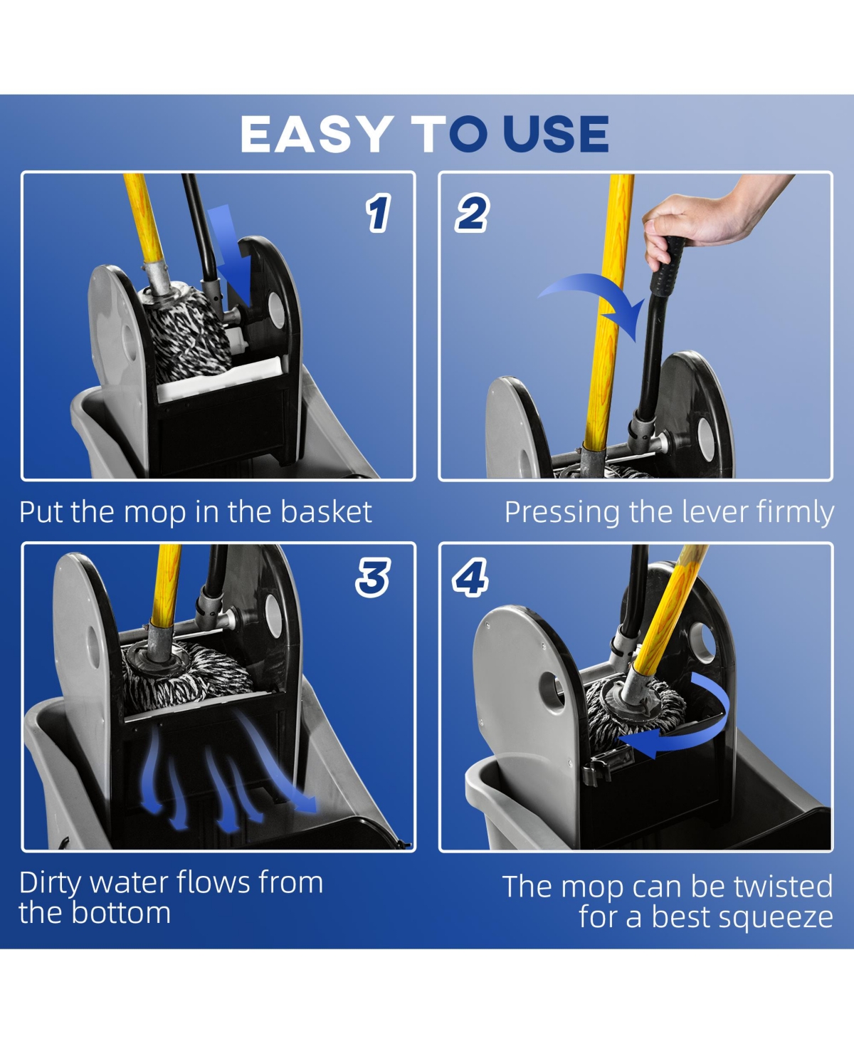 Homcom 9.5 Gallon/36L Wringer Bucket Cart w/ Down Press Wringer, Mop Holder