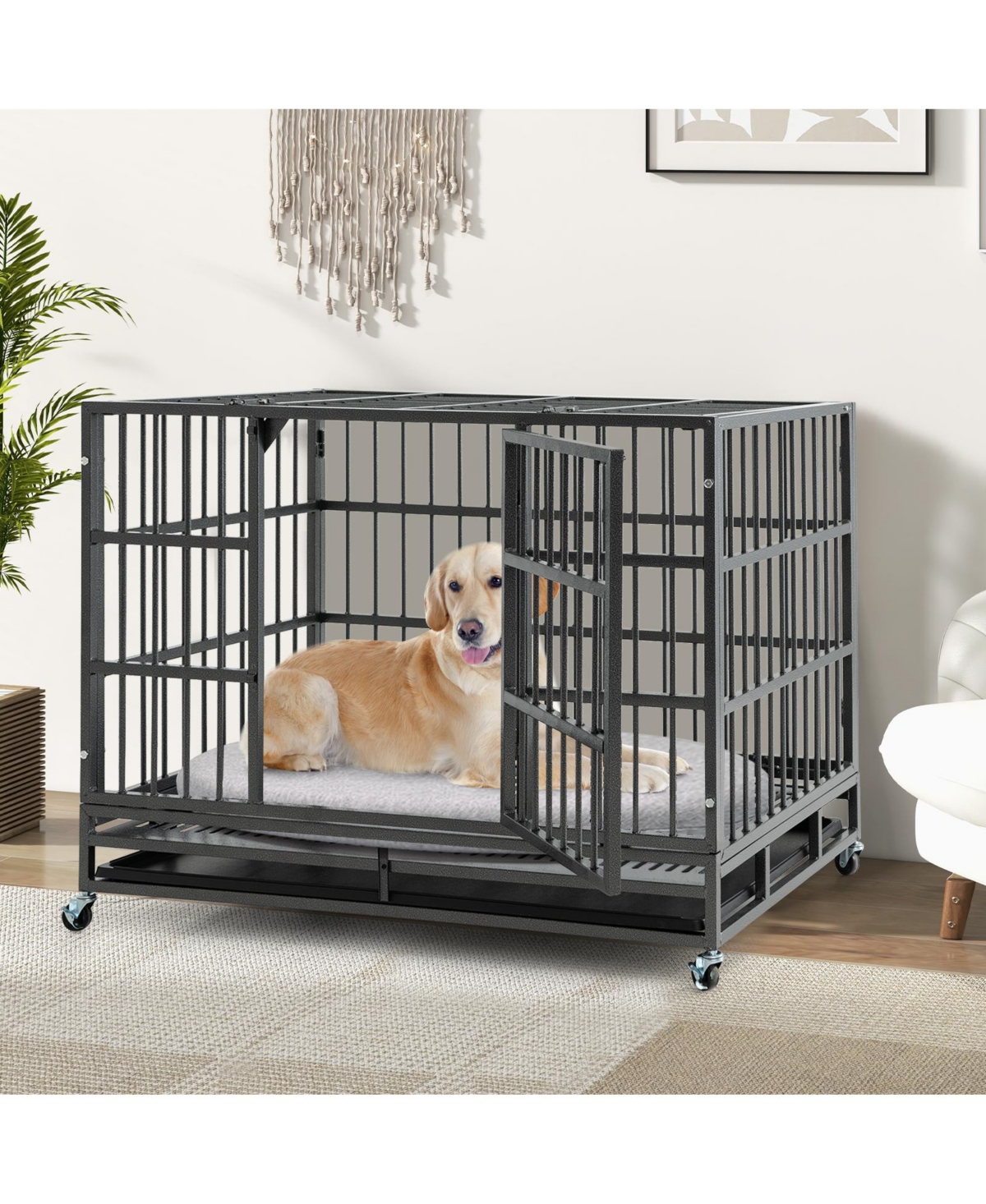 Sugift 48 Inch Foldable Heavy-Duty Metal Dog Cage with Lockable Rolling Casters and Tray-48 inches
