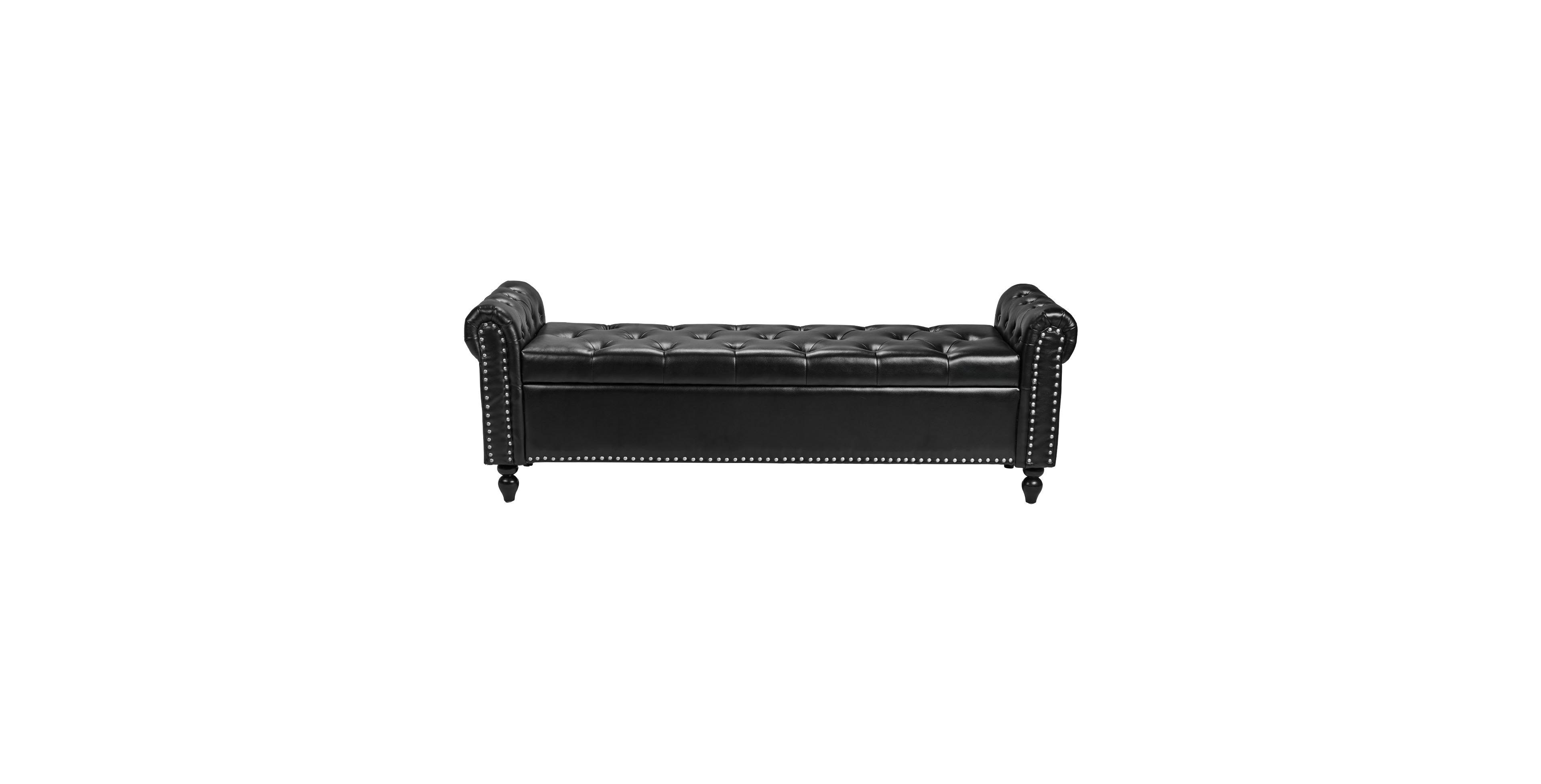 Slickblue Black Button-Tufted Storage Ottoman Bench with Rolled Arms and Wood Legs