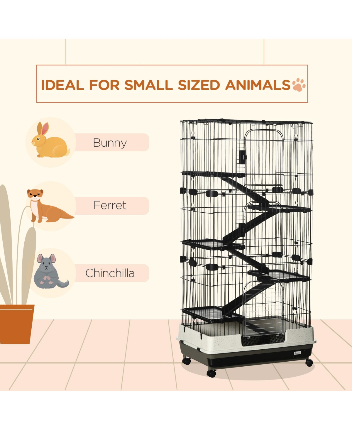 PawHut 32"L 6-Level Small Animal Cage with Lockable Wheels
