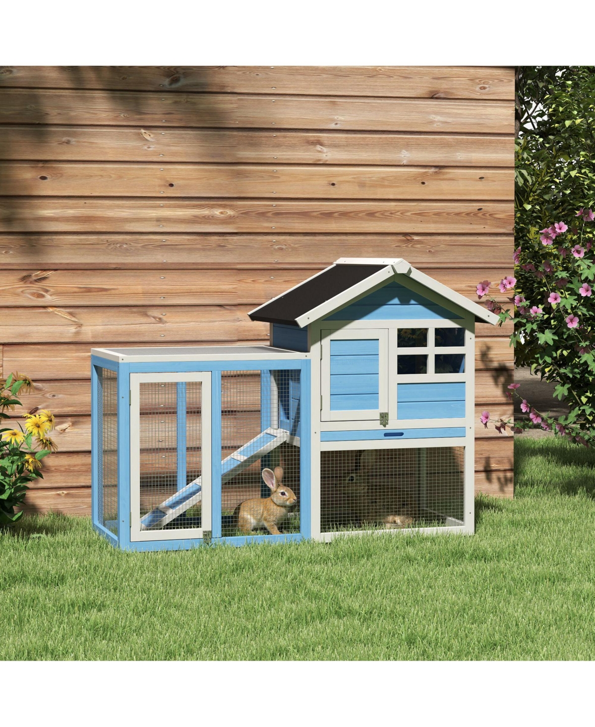 PawHut 48" Rabbit Hutch 2 Story Small Animal House w/ Run Pull Out Tray Ramp