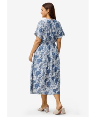 Women's Plus Size V-Neck Elastic Waist Midi Dress