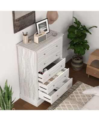 wood construction features five spacious drawers for organized bedroom storage, designed as a functional dresser