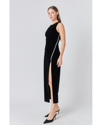 Women's Jewel Trim Maxi Velvet Dress
