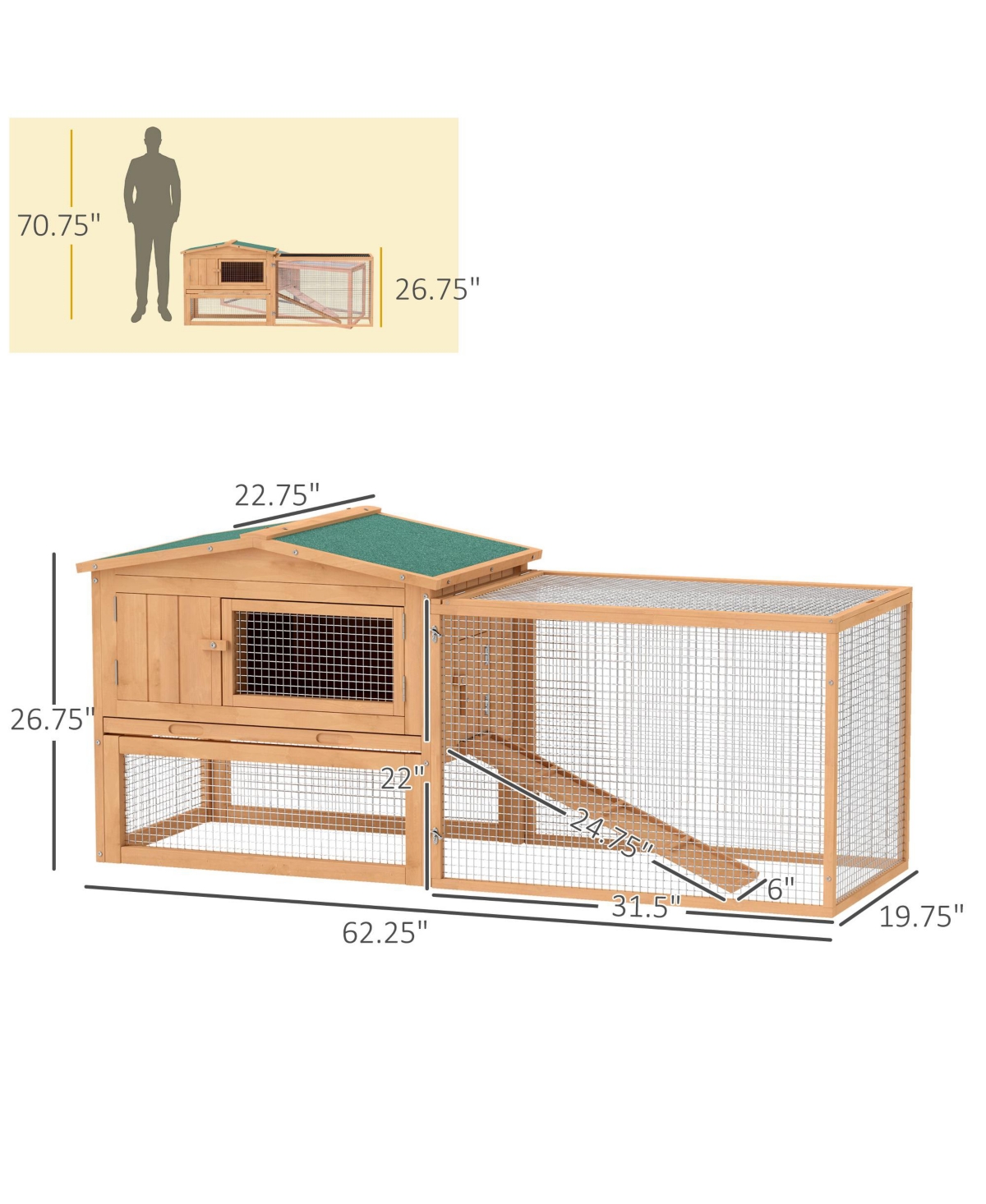 Pawhut Wooden Small Animal House Rabbit Hutch Bunny Cage w/ Backyard Run Ramp