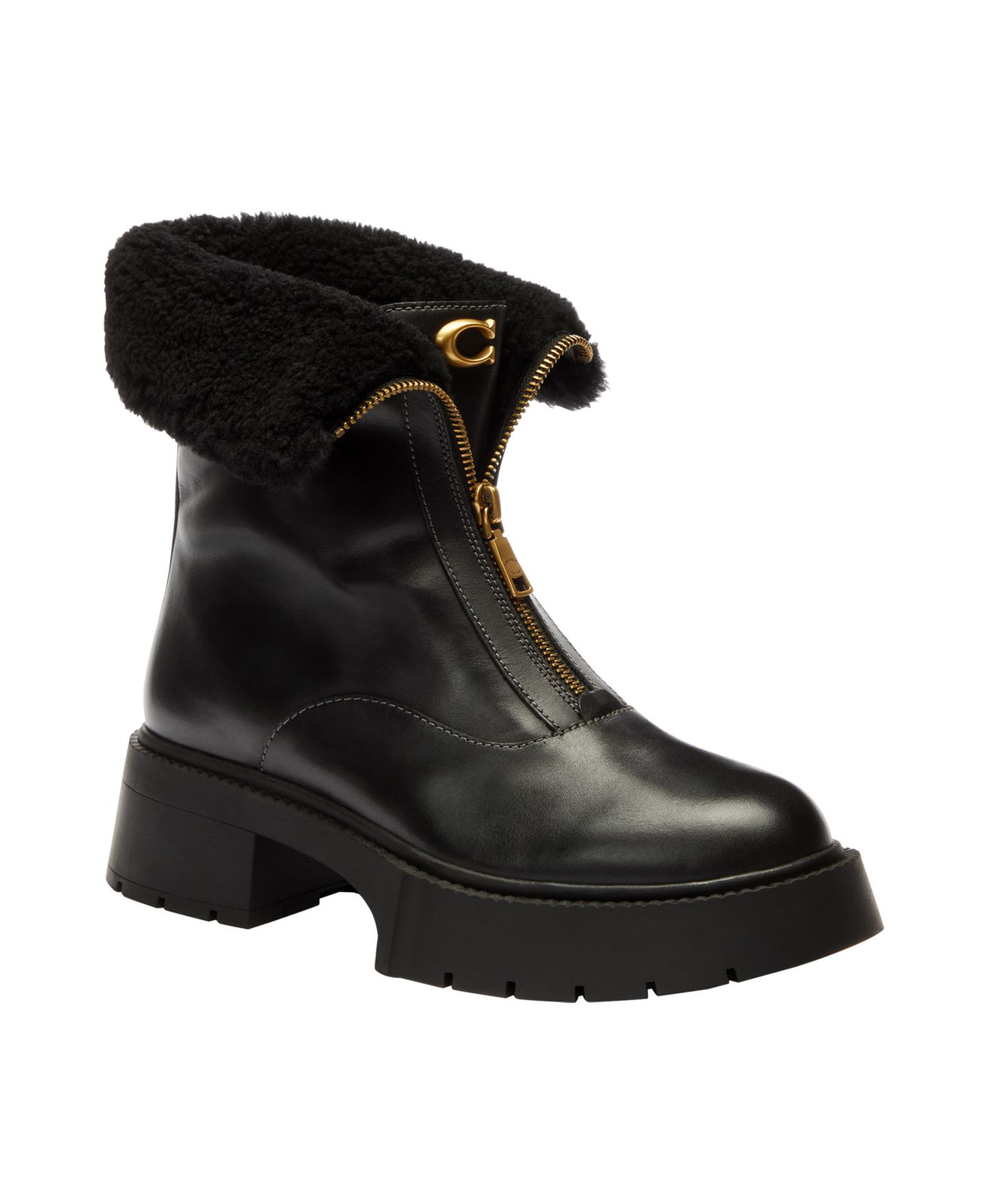 Женские ботинки COACH Leah Platform Front Zip Booties, цвет: Чёрный — фото 1