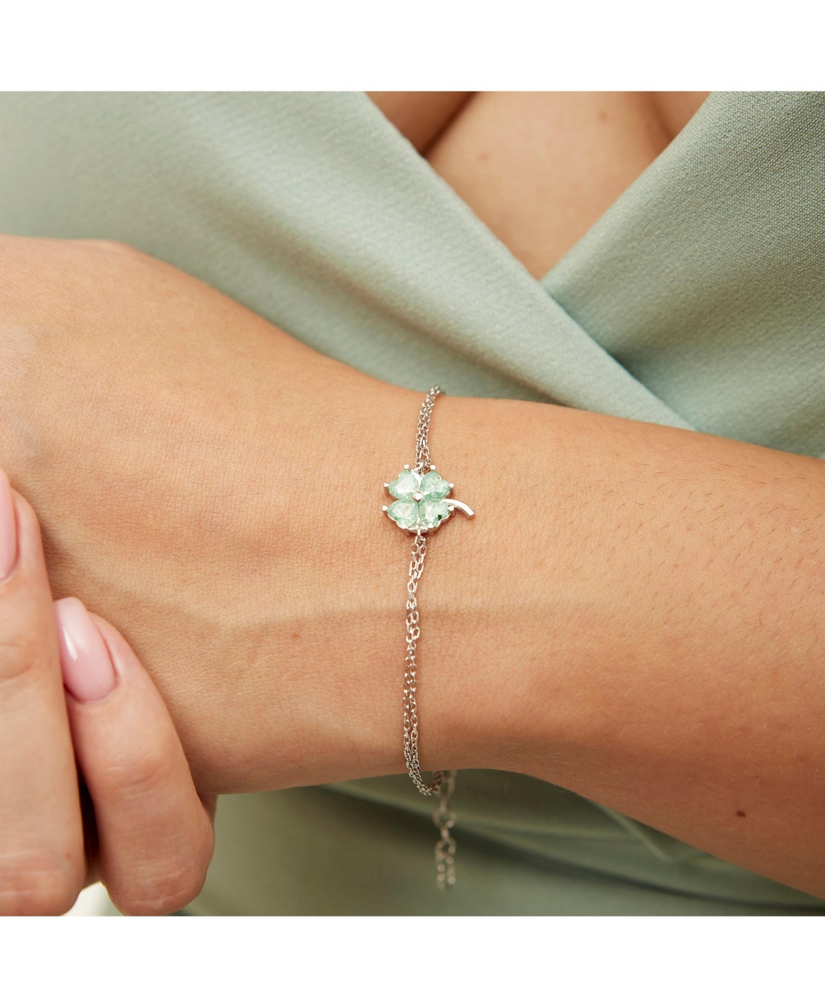 Sterling Silver Four Leaves Clover Bracelet - Green