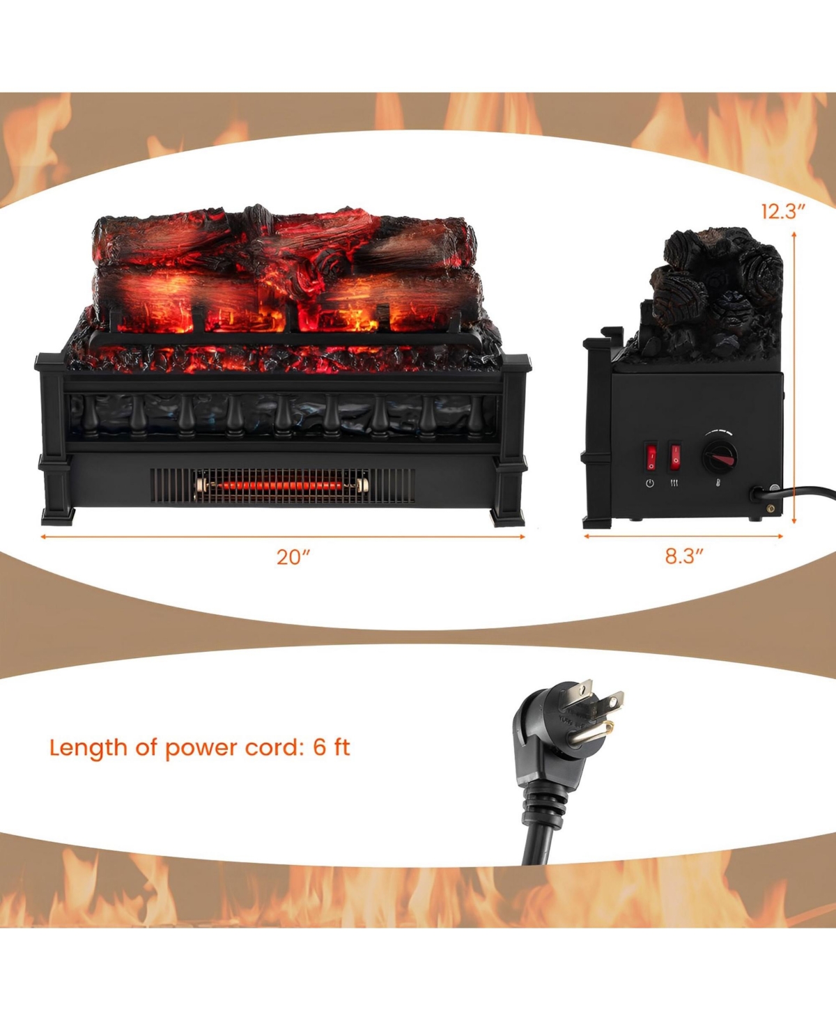 Sugift 20 Inch Electric Fireplace Heater with Realistic Pinewood Ember Bed