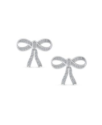 Set of 2  Ribbon Pave CZ Bow Stud Earrings Gold Plated Sterling Silver