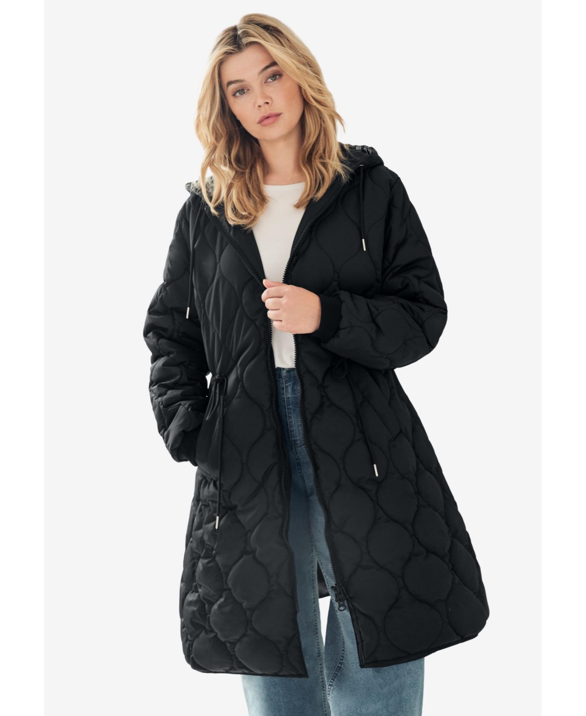 ellos Women's Long Quilted Jacket With Drawstring Waist