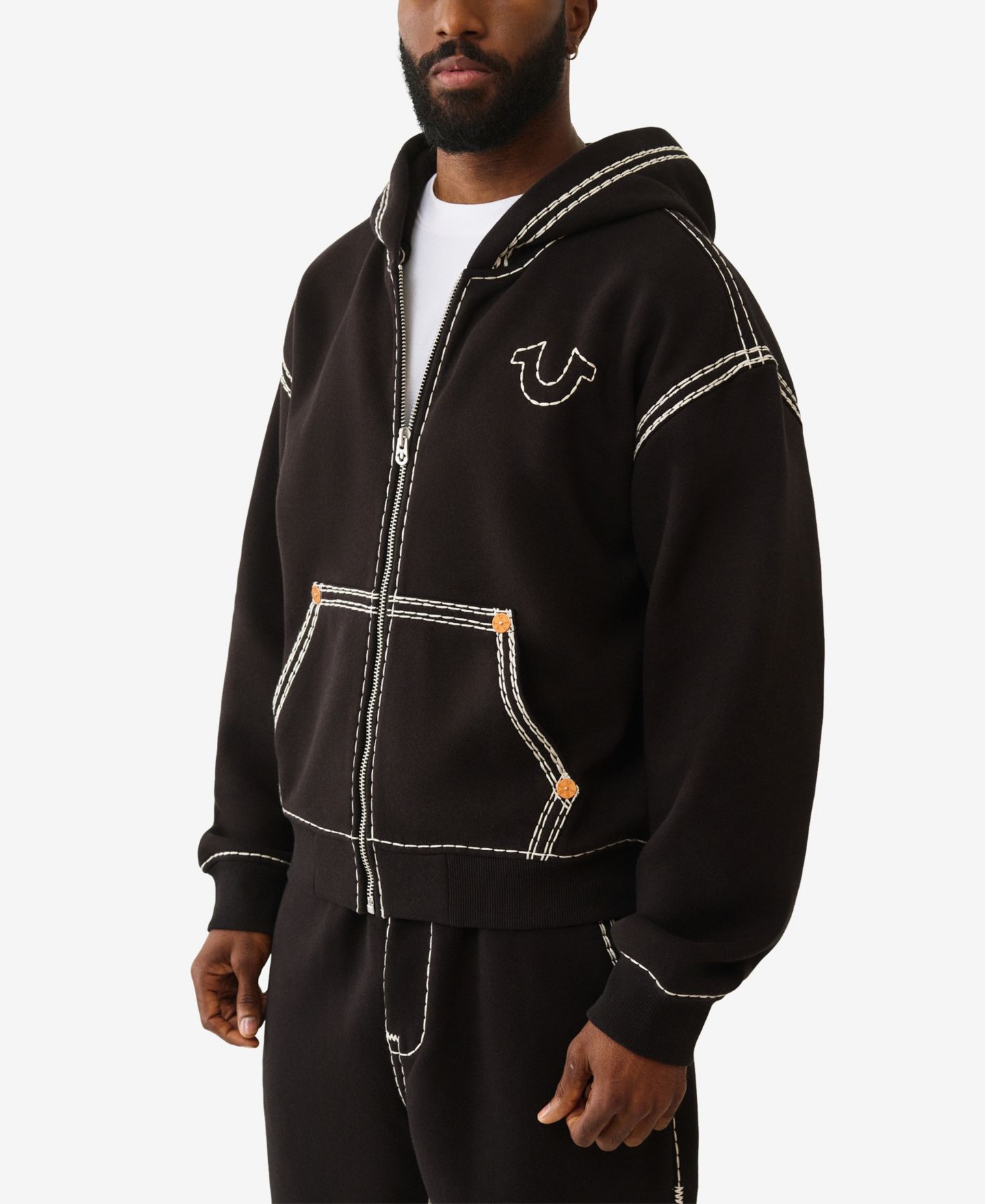 Мужское худи True Religion Super Long-Sleeve Zip-Up, цвет: Угольно-чёрный — фото 2