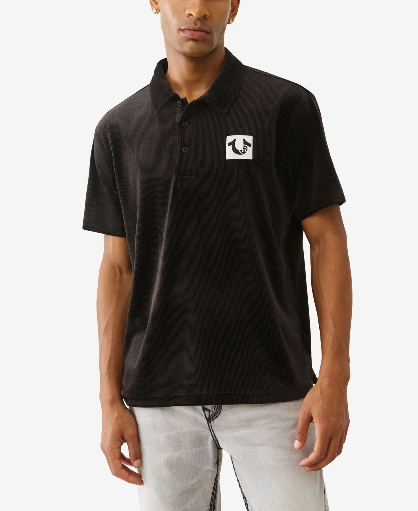 Мужское поло True Religion Short-Sleeve Velour Polo Shirt, цвет: Угольно-чёрный — фото 1