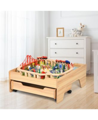 Children's Wooden Railway Set Table with 100 Pieces Storage Drawers