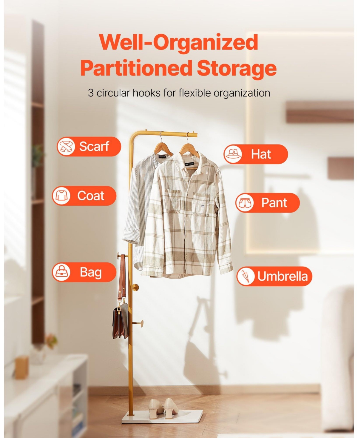 Slickblue Freestanding Coat Rack with Quartz Stone Base and 3 Round Hooks