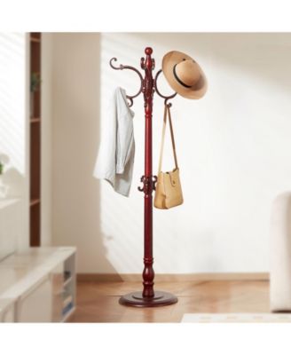 Wooden Freestanding Coat Rack with Large Base and 11 Hooks