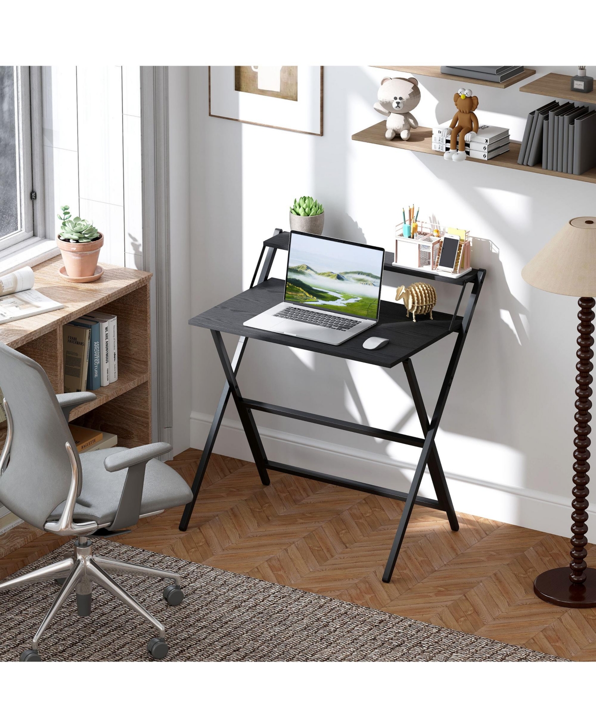 Homcom Small Folding Desk Foldable Computer with Monitor Shelf