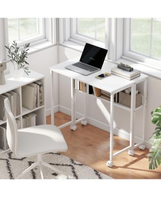 Small Folding Desk Foldable Computer Desk with Shelf Wheels