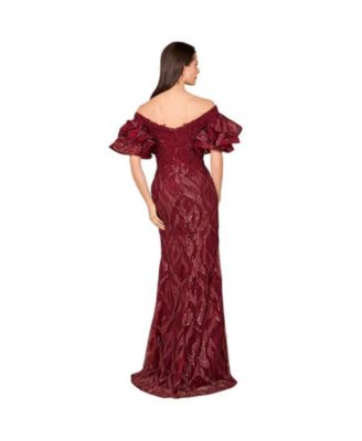 Women's Off shoulder mermaid beaded gown with tiered sleeves