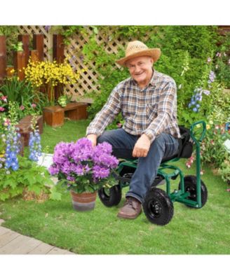 Cushioned Rolling Garden Cart Scooter with Storage Basket and Tool Pouch