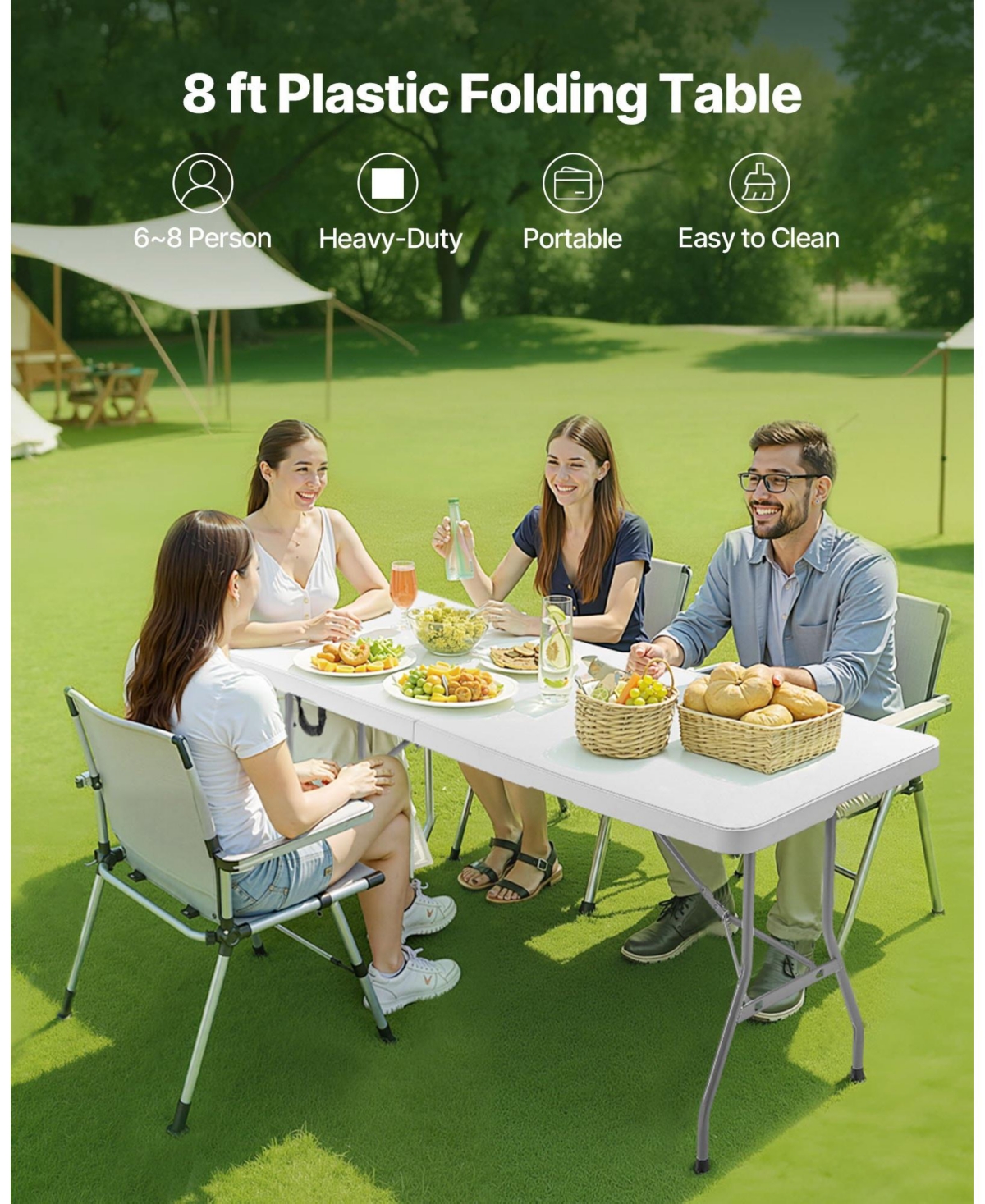 Slickblue Lightweight 8 Ft Portable Folding Table with Handle for Easy Transport