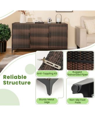 Sugfit 84 Gallon Patio Wicker Deck Box 3-Door PE Rattan Storage Container with Removable Shelves-Brown