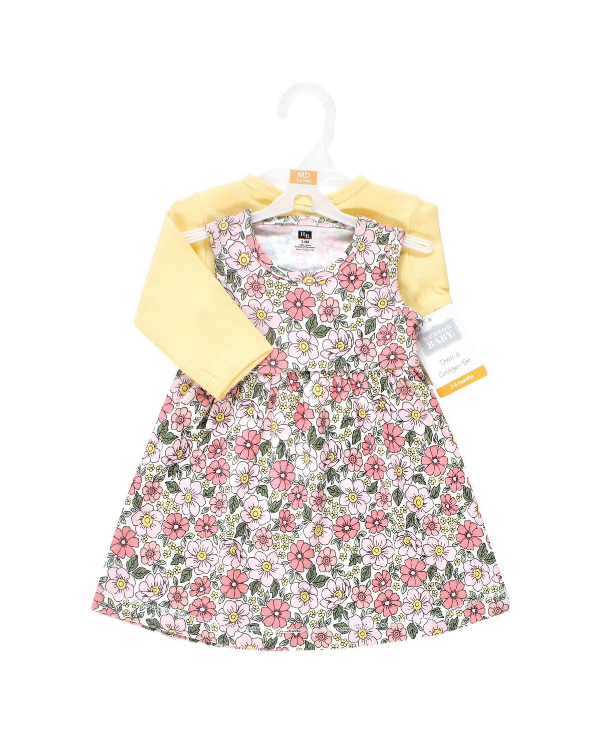 Hudson Baby Toddler Girls Cotton Dress and Cardigan Set, Pink Yellow Pretty Floral