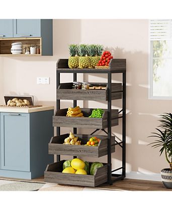 Wood Fruit and Vegetable Storage Rack, 5-Tier Pull-Out Snack Stand Fruit Basket Stand