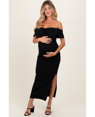 Maternity Black Bow Detail Off Shoulder Side Slit Midi Dress
