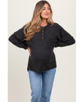 Maternity Oversized Ribbed Knit Henley Sweater