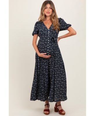 Maternity Navy Floral Button Down Dress