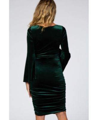 Maternity Forest Green Velvet Ruched Bell Sleeve Dress