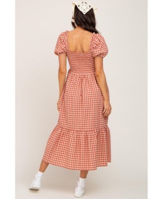 Maternity Rust Gingham Smocked Midi Dress