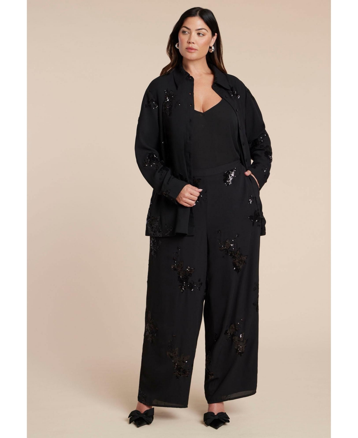 Eloquii Women's Floral Sequin Wide Leg Pant