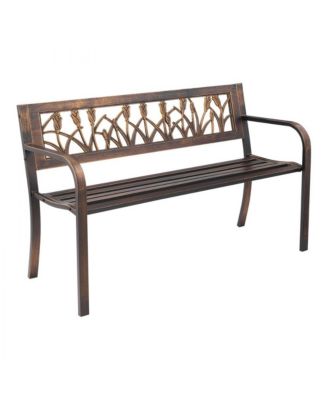 Sturdy Metal Patio Bench with Decorative Floral Backrest