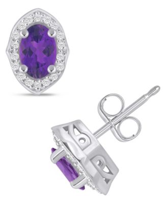 Macy's - Gemstone and Diamond ((1/5 ct. t.w.) Halo Stud Earrings in 10K White Gold (also in 10K Yellow Gold)